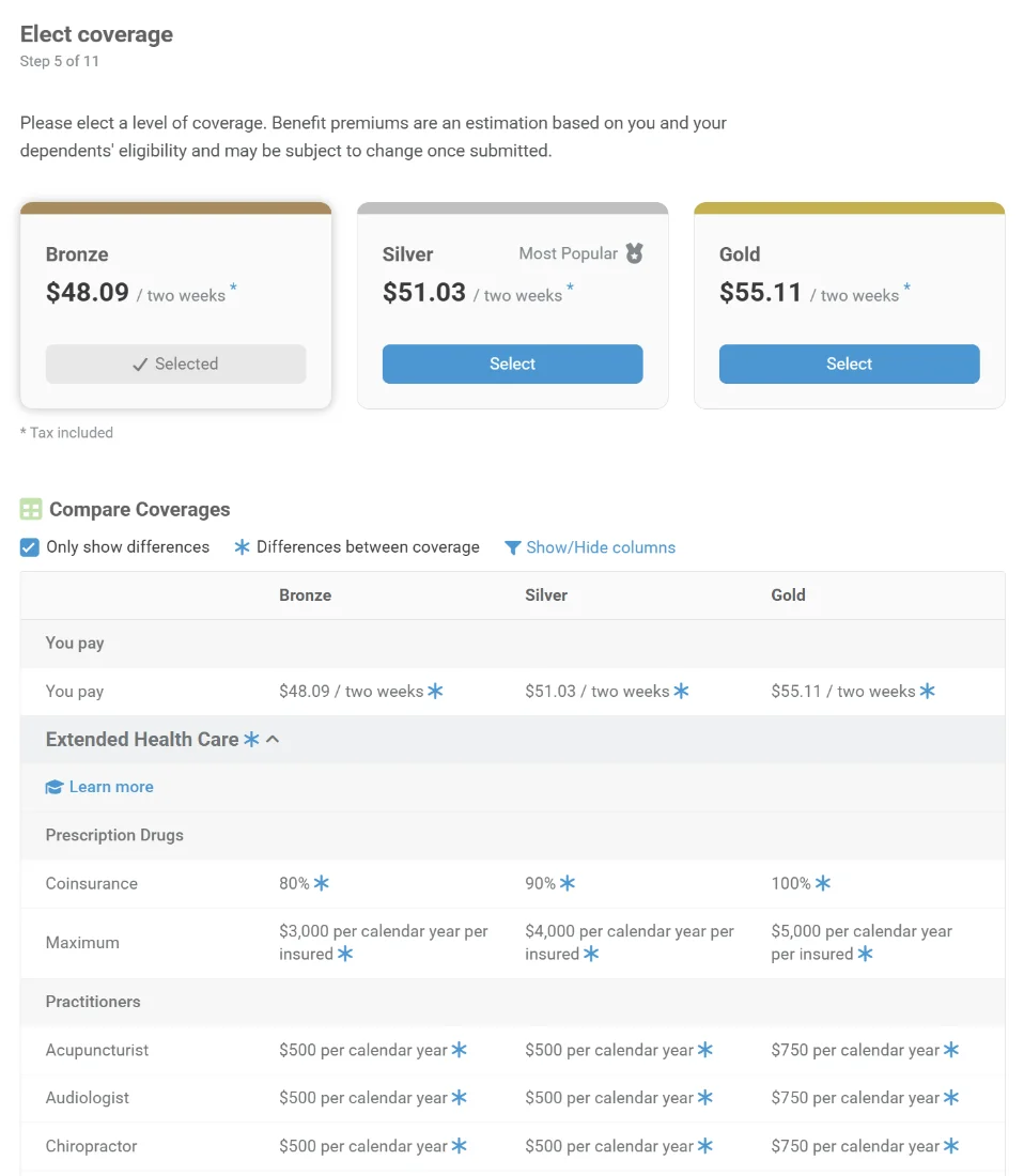 Flex enrollment screen in Effortless Admin comparing plan options and what each costs the employee